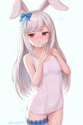 Rule 34 | 1girl, animal ears, blue background, blue bow, blush, bow, closed mouth, grey hair, hair bow, hands up, irisu kyouko, long hair, looking away, old school swimsuit, one-piece swimsuit, pink eyes, rabbit ears, sasaame, school swimsuit, see-through, simple background, solo, standing, steepled fingers, swept bangs, swimsuit, thigh strap, twitter username, white one-piece swimsuit