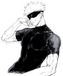 Rule 34 | 1boy, blindfold, gojou satoru, greyscale, head rest, highres, jujutsu kaisen, looking at viewer, male focus, monochrome, muscular, muscular male, nay bb, shirt, short hair, short sleeves, smile, solo, spiked hair, upper body