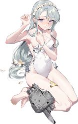 Rule 34 | 1girl, drew (drew213g), flower, full body, halterneck, kantai collection, lily (flower), official art, one-piece swimsuit, sagiri (kancolle), solo, swimsuit, thigh strap, thighs, torn clothes, torn swimsuit, transparent background, white one-piece swimsuit