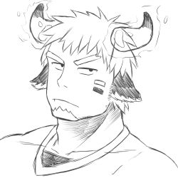 Rule 34 | 1boy, absurdres, animal ears, annoyed, bara, cow boy, cow ears, cow horns, facepaint, facial hair, fiery horns, forked eyebrows, frown, glowing horns, goatee, greyscale, highres, horns, looking at viewer, male focus, monochrome, pectorals, portrait, raised eyebrow, short hair, solo, tatatan (ts kon2), thick eyebrows, tokyo houkago summoners, upper body, wakan tanka