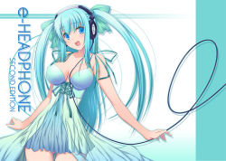Rule 34 | 47agdragon, aqua hair, bare shoulders, blue eyes, breasts, cable, dress, headphones, large breasts, long hair, original, solo, twintails
