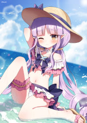 Rule 34 | 1girl, arm behind head, arm up, bikini, blue sky, blush, bow, brown eyes, brown footwear, brown hat, cloud, commentary request, day, frilled bikini, frills, hat, hat bow, horizon, knee up, kyouka (princess connect!), kyouka (summer) (princess connect!), long hair, looking at viewer, low twintails, mauve, navel, ocean, outdoors, pointy ears, princess connect!, purple bow, purple hair, sandals, shallow water, sitting, sky, solo, swimsuit, twintails, very long hair, water, white bikini
