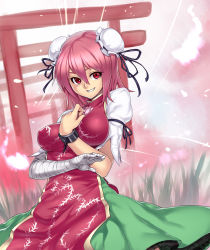 Rule 34 | 1girl, bandages, breasts, bun cover, chain, cuffs, double bun, dress, female focus, flower, grass, grin, hand on own chest, highres, houtengeki, ibaraki kasen, medium breasts, multiple torii, petals, pink hair, red eyes, ribbon, shackles, short hair, smile, solo, tabard, torii, touhou, wind