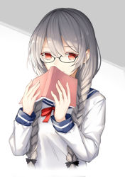 Rule 34 | 1girl, black-framed eyewear, black bow, book, bow, braid, closed mouth, commentary request, glasses, hair bow, holding, holding book, long hair, long sleeves, looking at viewer, open book, red eyes, red neckwear, red ribbon, ribbon, rusi, school uniform, serafuku, shirt, smile, solo, sophie twilight, tonari no kyuuketsuki-san, twin braids, white shirt