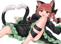 Rule 34 | 1girl, animal ears, black bow, black dress, black footwear, black legwear, black tail, bow, braid, breasts, cat ears, cat tail, chups, dress, extra ears, frilled dress, frilled sleeves, frills, green frills, hair bow, highres, kaenbyou rin, large breasts, leg up, long sleeves, looking at viewer, lying, multiple tails, nekomata, on back, open mouth, red eyes, red hair, red neckwear, short hair, simple background, smile, solo, tail, touhou, twin braids, two tails, white background