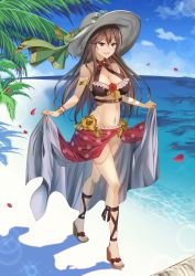 Rule 34 | 1girl, artist request, blue eyes, breasts, brown hair, cleavage, full body, granblue fantasy, hat, large breasts, long hair, navel, open mouth, palm tree, rosetta (granblue fantasy), rosetta (summer) (granblue fantasy), smile, solo, standing, tree