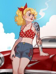 Rule 34 | 1girl, aged up, animification, arm tattoo, artist name, bare arms, bebe stevens, blonde hair, blue eyes, blue sky, bra, car, cigarette, earrings, jewelry, kibstar, lipstick, makeup, motor vehicle, nail polish, ponytail, red bra, red car, red lips, red nails, shorts, sky, smoking, solo, south park, tattoo, underwear