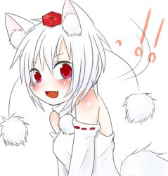 Rule 34 | !, !!, 1girl, animal ears, blush, breasts, detached sleeves, fang, happy, hat, inubashiri momiji, looking at viewer, open mouth, pom pom (clothes), red eyes, short hair, silver hair, simple background, small breasts, solo, tail, tokin hat, tosura-ayato, touhou, turning head, white background, wolf ears, wolf tail