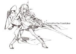 Rule 34 | 1girl, boots, character name, detached sleeves, full body, hairband, highres, looking at viewer, lowlight kirilenko, mechanical arms, monochrome, polearm, samatha (terra battle), shield, simple background, single mechanical arm, solo, spear, standing, terra battle, weapon, white background