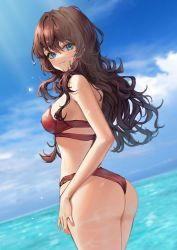 Rule 34 | 1girl, absurdres, armpits, ass, bare arms, bare shoulders, bikini, blue eyes, breasts, brown hair, closed mouth, cloud, cowboy shot, day, from behind, highres, horizon, ichinose shiki, idolmaster, idolmaster cinderella girls, long hair, looking at viewer, looking back, medium breasts, ocean, outdoors, red bikini, sky, solo, standing, sunlight, swimsuit, water, wavy hair, wet, xi xeong