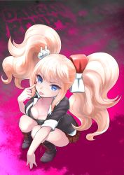 Rule 34 | 10s, 1girl, :p, akanbe, blonde hair, blue eyes, boots, bow, breasts, cleavage, cross-laced footwear, danganronpa: trigger happy havoc, danganronpa (series), enoshima junko, eyelid pull, hair bow, hair ornament, highres, lace-up boots, long hair, medium breasts, nail polish, rin2008, school uniform, skirt, sleeves rolled up, smile, solo, tongue, tongue out, twintails