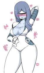 Rule 34 | arm behind head, blue hair, blue skin, blush, bodysuit, breasts, breath, cleavage, colored skin, cowboy shot, creatures (company), game freak, goggles, highres, kenron toqueen, large breasts, long hair, nintendo, pokemon, pokemon usum, smile, soliera (pokemon), ultra recon squad uniform, unzipped, unzipping, white background