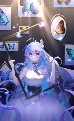 Rule 34 | 1girl, bug, butterfly, douluo dalu, dress, glowing butterfly, highres, insect, lan wa, light rays, long hair, looking at viewer, multicolored eyes, multicolored hair, painting (object), sad, solo, sparkle, tang wutong (douluo dalu), tears, upper body, white dress