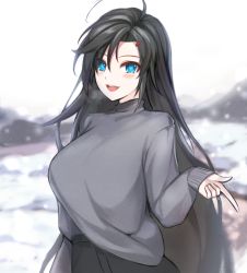 Rule 34 | 1girl, ahoge, alternate costume, arm at side, bad id, bad pixiv id, black hair, blue eyes, blurry, blurry background, blush, breasts, breath, bright pupils, closers, cowboy shot, dolsig ilangnolja, fang, finger gun, grey sweater, hair ornament, hairclip, highres, large breasts, long hair, long sleeves, looking at viewer, loose clothes, open mouth, outdoors, parted bangs, pencil skirt, pointing, skirt, sleeves past wrists, smile, snow, solo, sweater, swept bangs, teeth, tsurime, turtleneck, turtleneck sweater, upper teeth only, very long hair, yuri seo