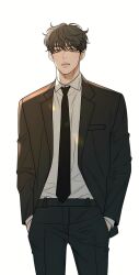 Rule 34 | 1boy, black hair, black jacket, black suit, blush, formal, go eunhyeok, grey eyes, highres, jacket, looking at viewer, messy hair, open mouth, operation: true love, shirt, short hair, simple background, suit, white background, white shirt