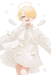 Rule 34 | 1boy, aged down, angel wings, blonde hair, blue eyes, blush, collared shirt, commentary, cropped legs, curly eyebrows, detached wings, flower, hair over one eye, halo, highres, lily-summer-0607, long bangs, male focus, mini wings, no pants, one piece, open mouth, outstretched arms, oversized clothes, oversized shirt, sanji (one piece), shirt, short hair, simple background, smile, symbol-only commentary, teeth, upper teeth only, white background, white flower, wings