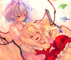 Rule 34 | 2girls, bat wings, blonde hair, blue brooch, breasts, brooch, calpis118, closed mouth, collared shirt, crystal, flandre scarlet, frilled shirt collar, frilled skirt, frills, hair between eyes, highres, hug, hug from behind, jewelry, light purple hair, looking at another, medium breasts, multiple girls, open mouth, pink shirt, pink skirt, puffy short sleeves, puffy sleeves, rainbow order, red eyes, red skirt, red vest, remilia scarlet, shirt, short sleeves, side ponytail, skirt, skirt set, teeth, touhou, upper teeth only, vest, white shirt, wings