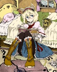 Rule 34 | 1girl, alice in wonderland, alice margatroid, animal ears, bed, bespectacled, black pantyhose, blonde hair, blue eyes, book, boots, bridal gauntlets, card, cat, cat ears, cheshire cat (alice in wonderland), female focus, fobiddensins, glasses, hairband, highres, ido (fobiddensins), kemonomimi mode, pantyhose, pillow, playing card, sitting, solo, touhou, white rabbit (alice in wonderland)