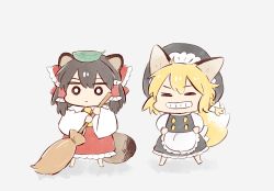 Rule 34 | 2girls, animal ears, apron, black hair, black headwear, blonde hair, bow, braid, broom, chibi, closed eyes, closed mouth, commentary, cyu ta, fox ears, fox tail, full body, grey background, grin, hair bow, hair tubes, hakurei reimu, hands on own hips, highres, holding, holding broom, kirisame marisa, leaf, leaf on head, long sleeves, looking at viewer, multiple girls, raccoon ears, raccoon tail, side braid, simple background, single braid, smile, standing, symbol-only commentary, tail, touhou, waist apron, white apron, white background, white bow, wide sleeves
