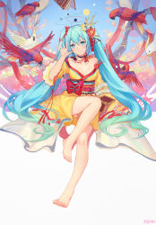 Rule 34 | 1girl, ahoge, aqua eyes, aqua hair, arm up, atdan, bad id, bad pixiv id, barefoot, bird, book, bow, breasts, closed mouth, feet, full body, hatsune miku, highres, japanese clothes, long hair, looking at viewer, red bow, toes, twintails, very long hair, vocaloid, watermark