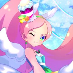 Rule 34 | 1girl, animal ears, bare shoulders, berry, blush, commentary, cure parfait, dress, earrings, food, food-themed hair ornament, green headband, hair ornament, headband, highres, horse ears, jewelry, kirahoshi ciel, kirakira precure a la mode, leaf, long hair, looking at viewer, multicolored eyes, omega takai, parfait, pearl earrings, pink hair, ponytail, precure, solo, sparkle, sparkling eyes, strapless, strapless dress, tail, white tail, white wings, wings
