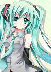 Rule 34 | 1girl, arms behind back, bad id, bad pixiv id, colorized, detached sleeves, green eyes, green hair, hatsune miku, headset, highres, long hair, matching hair/eyes, necktie, purinpurin, smile, solo, twintails, very long hair, vocaloid