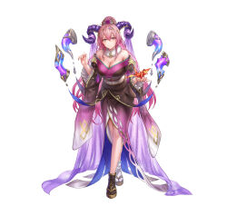 Rule 34 | 1girl, absurdres, anbe yoshirou, blush, breasts, cleavage, curled horns, fire emblem, fire emblem heroes, floating, floating object, frilled sleeves, frills, fur trim, gloves, goat horns, hair ornament, highres, horns, large breasts, long hair, looking at viewer, multicolored hair, nerthuz (fire emblem), nerthuz (new year) (fire emblem), nintendo, official art, origami, paper crane, pink hair, ponytail, purple eyes, solo, two-tone hair, very long hair