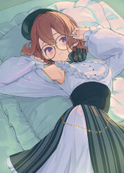 Rule 34 | 1girl, absurdres, armpits, bare shoulders, bed, beret, blush, brown hair, commentary, commission, frilled sleeves, frills, glasses, green hat, green skirt, grin, hair between eyes, hat, highres, indie virtual youtuber, long sleeves, looking at viewer, lying, medium skirt, nametarou (meron), on back, on bed, pillow, ribbon, shirt, short hair, skeb commission, skirt, smile, solo, ueno momoka, white shirt