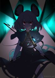 Rule 34 | 1girl, animal ears, artist name, bad id, bad twitter id, capelet, cinkai, dowsing rod, glowing, grey hair, highres, jewelry, long sleeves, looking at viewer, mouse ears, mouse tail, nazrin, necklace, red eyes, shirt, skirt, skirt set, solo, tail, touhou, vest
