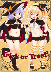Rule 34 | 2girls, :d, :o, alternate costume, asymmetrical hair, bandages, bat wings, blonde hair, bloomers, blue hair, blush, boots, bug, cape, chest sarashi, cover, cover page, elbow gloves, english text, fang, female focus, flandre scarlet, flat chest, gloves, hairband, halloween, hands on own hips, hat, hat ribbon, highres, looking at viewer, mary janes, multiple girls, navel, open mouth, red eyes, remilia scarlet, ribbon, sarashi, shoes, siblings, side ponytail, silk, sisters, smile, spider, spider web, striped clothes, striped legwear, striped thighhighs, thighhighs, touhou, trick or treat, underwear, wings, witch hat, yukiu con