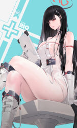 Rule 34 | 1girl, alternate costume, bare shoulders, black hair, blue archive, blush, boots, breasts, closed mouth, crossed legs, dishwasher1910, elbow gloves, from below, gloves, hair ornament, halo, highres, holding, id card, knee boots, kneehighs, large breasts, long hair, looking at viewer, red eyes, rio (blue archive), see-through, sitting, socks, thick thighs, thighs, white footwear, white gloves