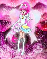 Rule 34 | 1girl, aino megumi, boots, bow, cure lovely, cure lovely (innocent form), earrings, elbow gloves, full body, gloves, happinesscharge precure!, heart, heart earrings, highres, huge bow, jewelry, long hair, official art, open mouth, pink eyes, pink hair, precure, precure connection puzzlun, smile, solo, third-party source, white bow, white footwear, white gloves