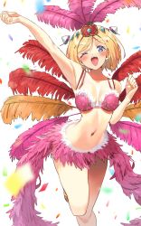 Rule 34 | 1girl, ;o, absurdres, aki rosenthal, alternate costume, arm up, bikini, bikini top only, blonde hair, blue eyes, blush, bob cut, carnival, clenched hand, confetti, feather hair ornament, feather skirt, feathers, feet out of frame, hair ornament, headgear, highres, hololive, looking at viewer, lowleg, lowleg skirt, microskirt, narrow waist, navel, one eye closed, open mouth, parted bangs, pink bikini, pink skirt, purple eyes, samba, sandals, short hair, skirt, solo, swimsuit, twin (tt lsh), virtual youtuber