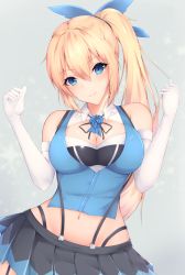 Rule 34 | 1girl, bare shoulders, blonde hair, blue eyes, blush, breasts, cleavage, cleavage cutout, clothing cutout, contrapposto, cowboy shot, elbow gloves, flower, gloves, hair ribbon, head tilt, highres, large breasts, long hair, looking at viewer, midriff, mirai akari, mirai akari project, navel, pleated skirt, ranju aira, ribbon, rose, side ponytail, sidelocks, simple background, skirt, smile, solo, standing, suspender skirt, suspenders, virtual youtuber, w arms, white gloves