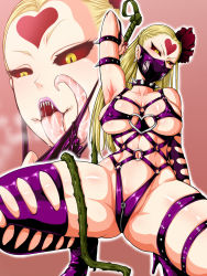 Rule 34 | 1girl, arm behind back, arm up, armpits, black sclera, blonde hair, bondage outfit, boots, braid, breasts, cleavage, colored sclera, covered erect nipples, covered mouth, crotch zipper, domino mask, fingernails, french braid, gradient background, hair ornament, half-closed eyes, head tilt, heart, heart o-ring, high heel boots, high heels, highres, kaijin hime do-s, large breasts, leotard, lips, long fingernails, looking at viewer, mask, medium breasts, monster girl, mouth mask, multiple views, navel, o-ring, on one knee, one-punch man, outline, pink background, pulling own clothes, revealing clothes, saliva, sharp teeth, single thigh boot, skindentation, spread legs, squatting, studiotagata, teeth, thigh boots, thigh strap, thighhighs, thighs, underoob, v-shaped eyebrows, whip, white outline, wide hips, yellow eyes, zipper