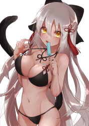 Rule 34 | 1girl, absurdres, animal ears, bare shoulders, bikini, black bikini, black bow, blush, bow, breasts, cat ears, cat tail, cleavage, collarbone, dark-skinned female, dark skin, fate/grand order, fate (series), food, hair between eyes, hair bow, highres, holding, kemonomimi mode, large breasts, long hair, looking at viewer, messy, navel, okita souji (fate), okita souji alter (fate), otoufu (gotouhu), popsicle, silver hair, simple background, solo, standing, stomach, swimsuit, tail, tassel, tongue, tongue out, very long hair, white background, yellow eyes