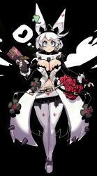 Rule 34 | 1girl, absurdres, adapted costume, ahoge, animal ears, aqua eyes, boots, bracelet, breasts, clover, collar, dress, elphelt valentine, flower, four-leaf clover, full body, guilty gear, guilty gear xrd, gun, hairband, highres, holding, holding gun, holding weapon, huge ahoge, jewelry, large breasts, looking at viewer, navel, red flower, red rose, rose, short hair, spiked bracelet, spiked collar, spiked hairband, spikes, standing, star (symbol), thigh boots, vee eks, weapon, wedding dress, white dress, white footwear, white hair
