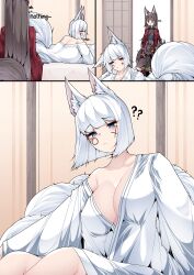 Rule 34 | ?, ??, absurdres, aged down, akagi-chan (azur lane), amagi-chan (azur lane), amagi (azur lane), animal ear fluff, animal ears, azur lane, bell, black kimono, blue eyes, blunt bangs, blush, breasts, brown hair, brown tail, cleavage, collarbone, comic, commentary, dated commentary, facepaint, fox ears, fox girl, fox tail, hair bell, hair ornament, highres, indoors, japanese clothes, kaga (azur lane), kimono, kitsune, kyuubi, large breasts, long hair, lying, multiple girls, multiple tails, o o, off shoulder, on stomach, open mouth, pillow, red kimono, samip, short hair, shouji, sidelocks, sitting, sleepy, sliding doors, standing, surprised, tail, talking, thick eyebrows, twintails, white hair, white kimono, white tail