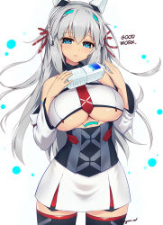 Rule 34 | 1girl, android, artist name, black shirt, blue eyes, blush, breasts, collared shirt, commentary, cowboy shot, dangan neko, detached sleeves, dress, drink, grey hair, hair between eyes, hair ribbon, hands up, hard-translated, headgear, highres, holding, large breasts, long hair, looking at viewer, necktie, original, parted lips, red necktie, red ribbon, ribbon, russia (dangan neko), shirt, simple background, solo, symbol-shaped pupils, third-party edit, translated, underboob, white background, white dress