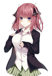 Rule 34 | 1girl, black jacket, blush, breasts, go-toubun no hanayome, green skirt, hair between eyes, hair ribbon, highres, jacket, long hair, medium breasts, muki (muki kunxd), nakano nino, pink hair, purple eyes, ribbon, shirt, skirt, solo, white background, white shirt