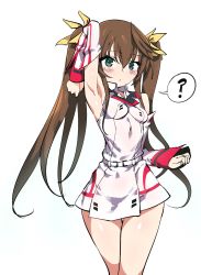 Rule 34 | 1girl, :o, ?, absurdres, armpits, blush, breasts, brown hair, clenched hands, crossed legs, green eyes, hair between eyes, highres, huang lingyin, infinite stratos, infinite stratos academy school uniform, jacket, kinbakuman, school uniform, small breasts, solo, speech bubble, spoken question mark, twintails, white jacket