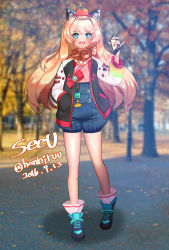 Rule 34 | 1girl, animal ear headphones, animal ears, blonde hair, blue eyes, blush, cat ear headphones, cat ears, cellphone, charm (object), dated, fake animal ears, flat chest, hand in pocket, headphones, highres, jacket, letterman jacket, long hair, neckerchief, open clothes, open jacket, open mouth, paki hanbiruu, phone, photo background, pinky out, power symbol, seeu, shoes, shorts, smartphone, sneakers, solo, star-shaped pupils, star (symbol), symbol-shaped pupils, vocaloid