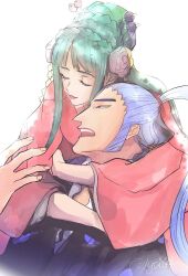 Rule 34 | 1boy, 1girl, blue hair, closed eyes, commentary, commentary request, denjirou (one piece), english commentary, flower, green hair, hair flower, hair ornament, hair stick, harakara12, high ponytail, hug, hug from behind, japanese clothes, kouzuki hiyori, lips, lipstick, long hair, long sideburns, long sleeves, makeup, mixed-language commentary, one piece, open mouth, pink flower, ponytail, red lips, sideburns, signature, simple background, smile, teeth, white background
