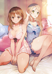 Rule 34 | 2girls, atelier (series), atelier ryza, atelier ryza 2, bare shoulders, barefoot, blonde hair, breasts, brown eyes, brown hair, cleavage, closed mouth, feet, green eyes, highres, indoors, klaudia valentz, long hair, looking at viewer, medium breasts, multiple girls, official art, reisalin stout, short hair, simple background, thick thighs, thighs, toes, toridamono