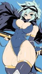 Rule 34 | 1girl, abs, absurdres, bare shoulders, blue eyes, blue hair, blush, breasts, cleavage, cowboy shot, curvy, covered erect nipples, geroika, goggles, goggles on head, gun, highres, large breasts, leotard, looking at viewer, matching hair/eyes, muscular, muscular female, parted lips, rifle, rosel (sennen sensou aigis), sennen sensou aigis, short hair, skin tight, solo, sweat, thick thighs, thighs, thong leotard, toned, weapon, wide hips