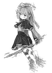 Rule 34 | 1girl, blush, capelet, dissolving, energy sword, floating, foot up, frilled capelet, frilled skirt, frills, from side, full body, hatching (texture), highres, holding, holding sword, holding weapon, jitome, kilsturgeon, loafers, long hair, looking at viewer, looking to the side, open mouth, pantyhose, shirt tucked in, shoes, short sleeves, simple background, skirt, solo, spectral wizard, spectral wizard (series), striped clothes, striped pantyhose, sword, weapon