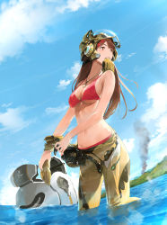 Rule 34 | 1girl, bad id, bad pixiv id, bare shoulders, bikini, blue sky, breasts, brown eyes, brown hair, cloud, cloudy sky, commentary request, day, dog tags, glint, gloves, helmet, highres, large breasts, long hair, mouth hold, navel, ocean, original, outdoors, pilot suit, red bikini, sky, smoke, solo, somehira katsu, standing, swimsuit, underboob, undressing, unworn gloves, visor, wading, water, wet
