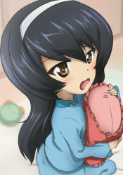 Rule 34 | 10s, 1girl, black hair, blue pants, blue shirt, blurry, blurry background, brown eyes, depth of field, from side, frown, girls und panzer, hairband, holding, kanau, long hair, long sleeves, looking at viewer, looking up, hugging object, on bed, open mouth, pajamas, pants, pillow, pillow hug, reizei mako, shirt, sitting, solo, wavy mouth, white hairband