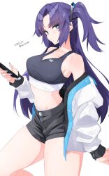 Rule 34 | 1girl, black shorts, blue archive, blue eyes, blue nails, breasts, cellphone, cleavage, denim, denim shorts, highres, holding, holding phone, isocha, jacket, long hair, looking at viewer, medium breasts, open clothes, open jacket, phone, purple hair, shorts, smartphone, sports bra, thick thighs, thighs, translation request, two side up, white background, yuuka (blue archive)