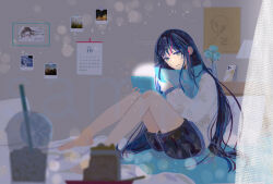Rule 34 | 1girl, ado (utaite), barefoot, blue eyes, blue flower, blue hair, blue rose, blue shorts, blurry, cake, calendar (object), cellphone, chando (ado), closed mouth, cloud nine inc, commentary request, cup, depth of field, drinking straw, earphones, flower, food, full body, handheld game console, highres, hugging object, indoors, interviewer (vocaloid), long hair, long sleeves, looking at viewer, masking tape (medium), mole, mole under eye, nintendo 3ds, phone, photo (object), pillow, pillow hug, rose, ryono, shorts, sidelocks, sitting, smartphone, solo, sweater, traditional media, utaite, vase, very long hair, white sweater